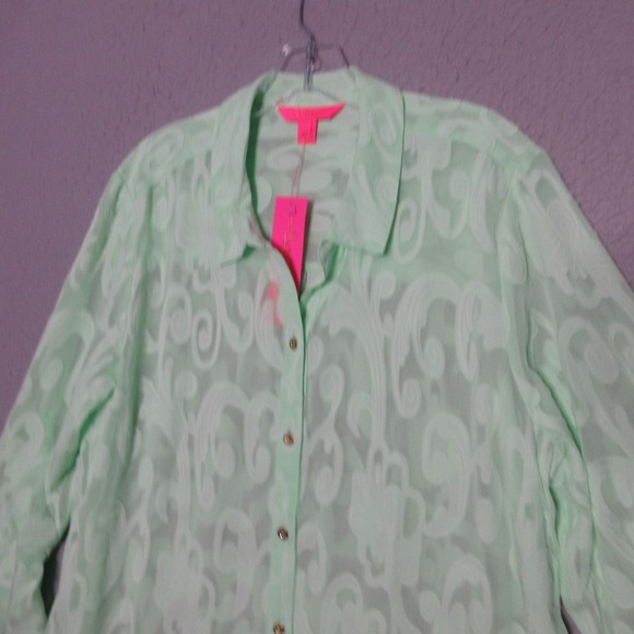 Lilly Pulitzer Dress Cover Up XL Green Sheer Poly Crepe Swirl Clip Beach NWT - Picture 3 of 11